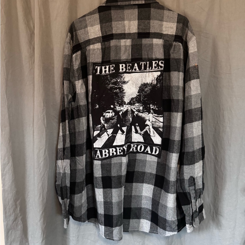 Black and White Checkered Beatles Flannel Shirt Upcycled Refashioned Rock Tee